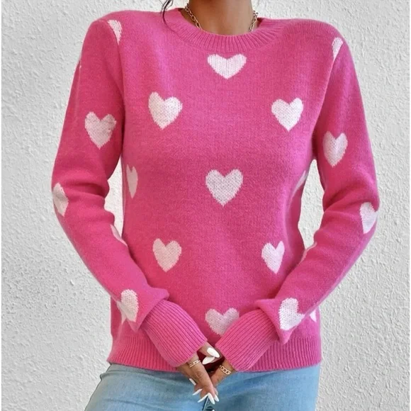 New pink heart print long sleeve sweater - Picture 3 of 6